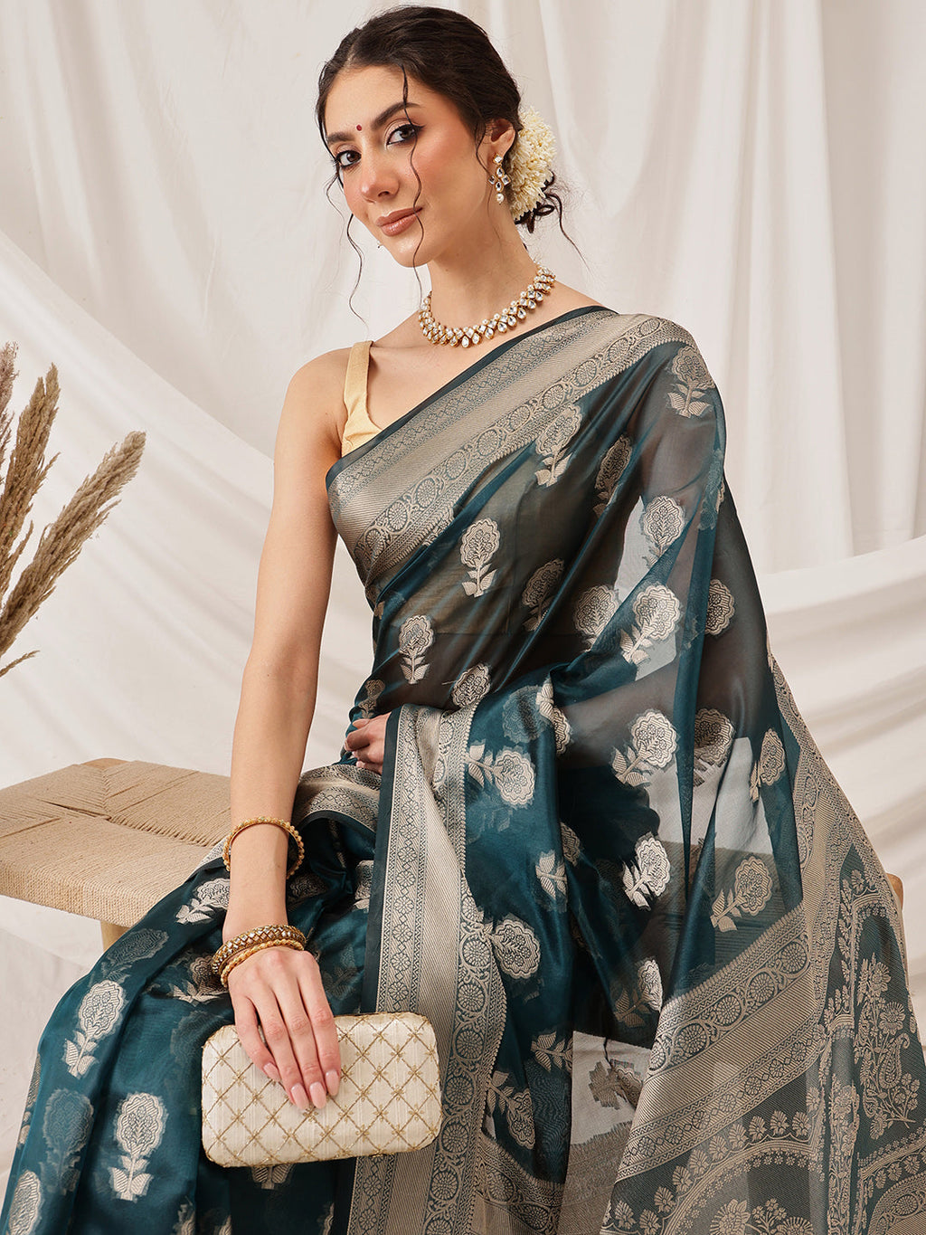Teal Banarasi Organza Silk Floral Woven Design Saree
