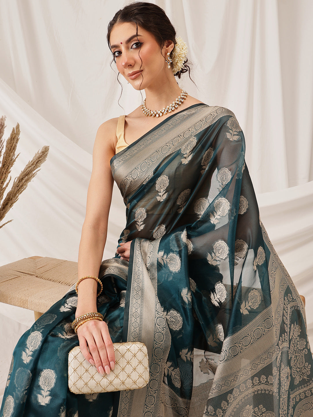 Teal Banarasi Organza Silk Floral Woven Design Saree