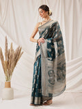 Teal Banarasi Organza Silk saree with floral woven detailing