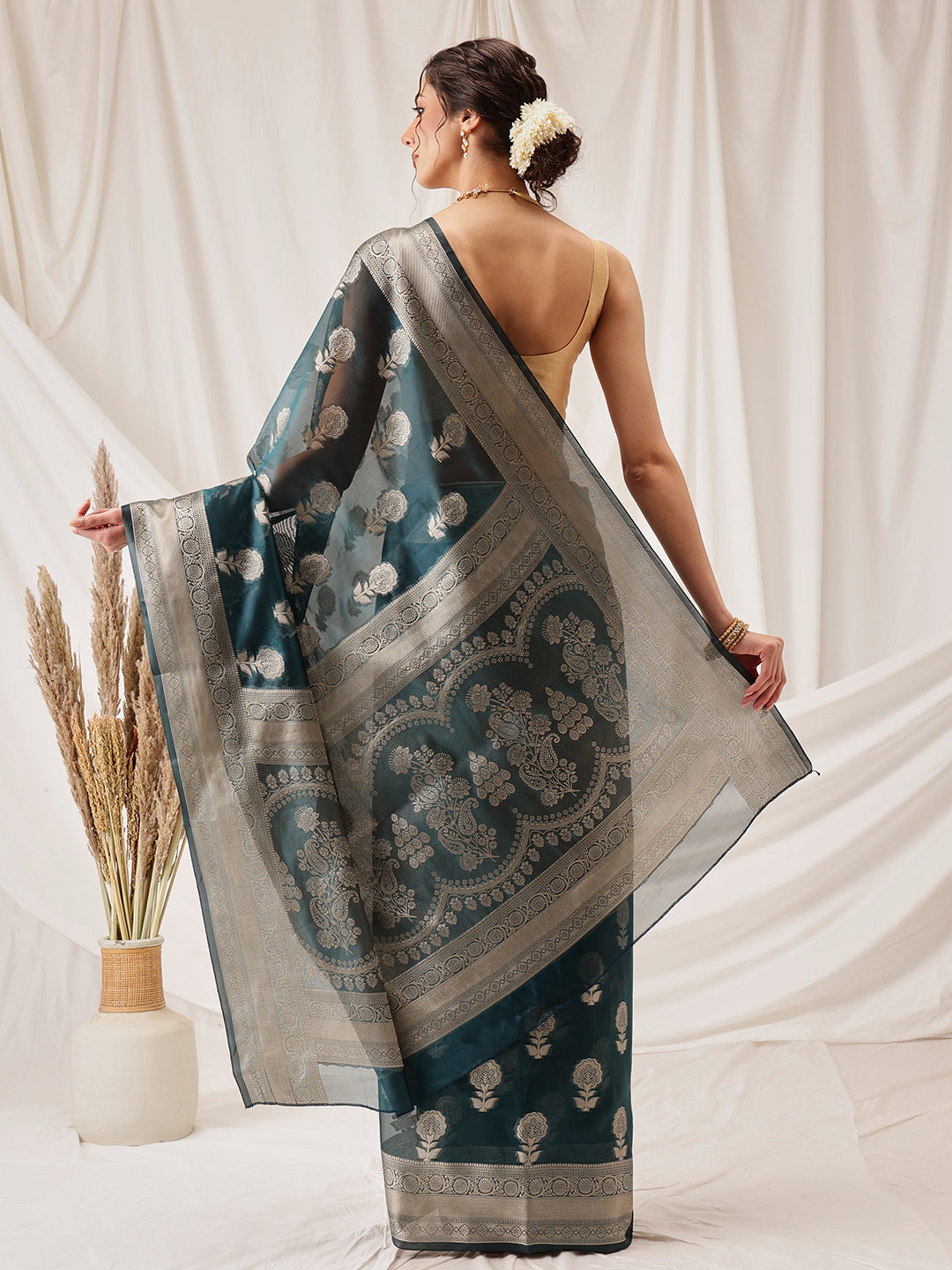 Teal Banarasi Organza Silk Floral Woven Design Saree