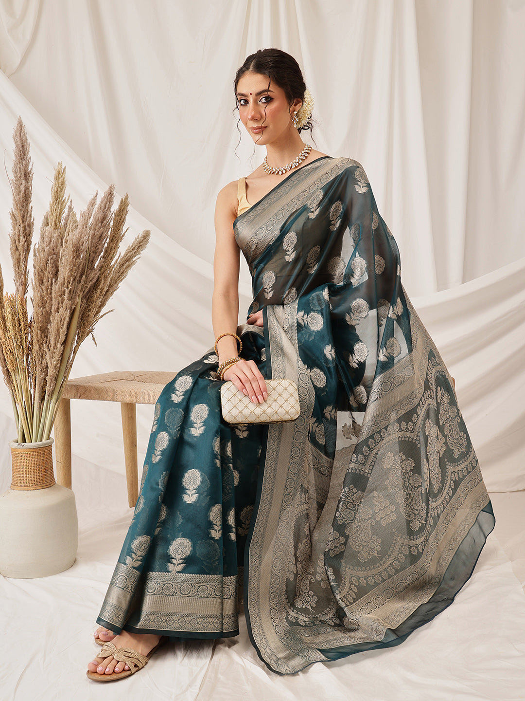 Teal Banarasi Organza Silk Floral Woven Design Saree
