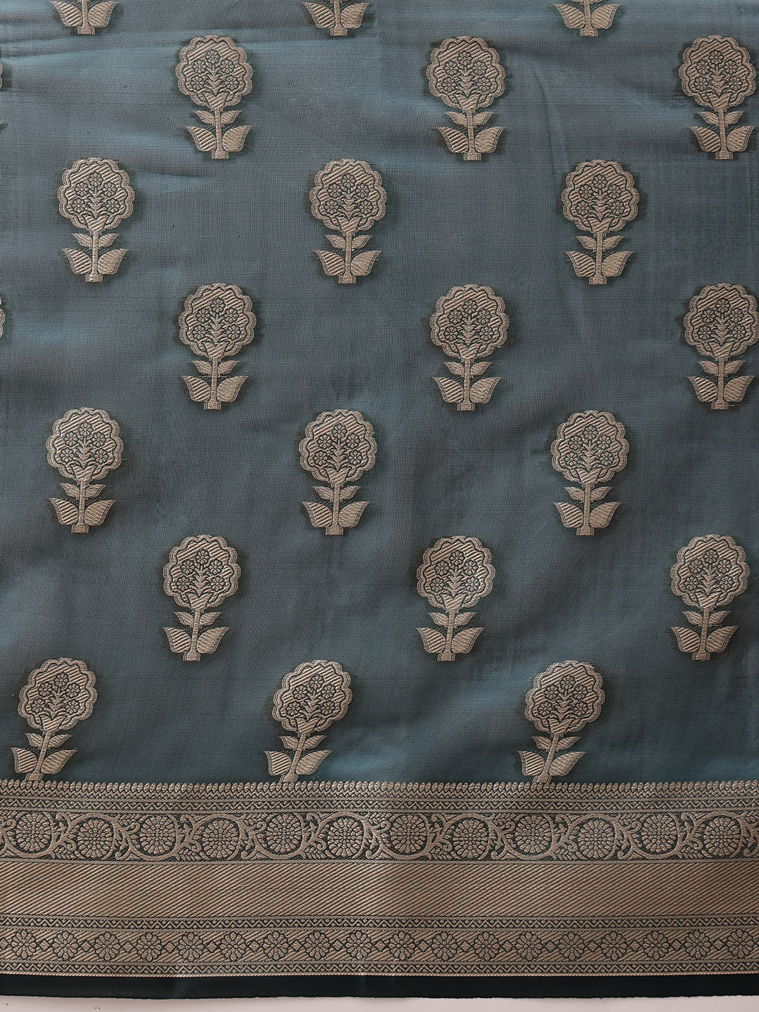 Teal Banarasi Organza Silk Floral Woven Design Saree