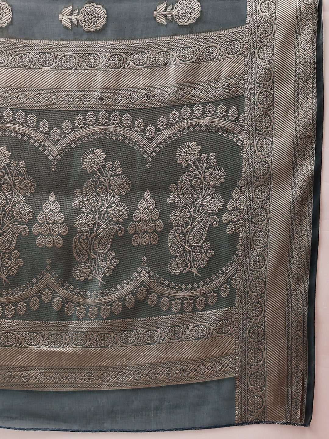 Teal Banarasi Organza Silk Floral Woven Design Saree