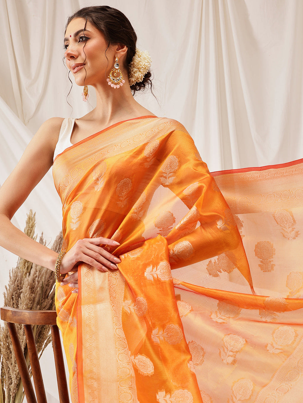 Yellow Banarasi Organza Silk Saree with Floral Weave