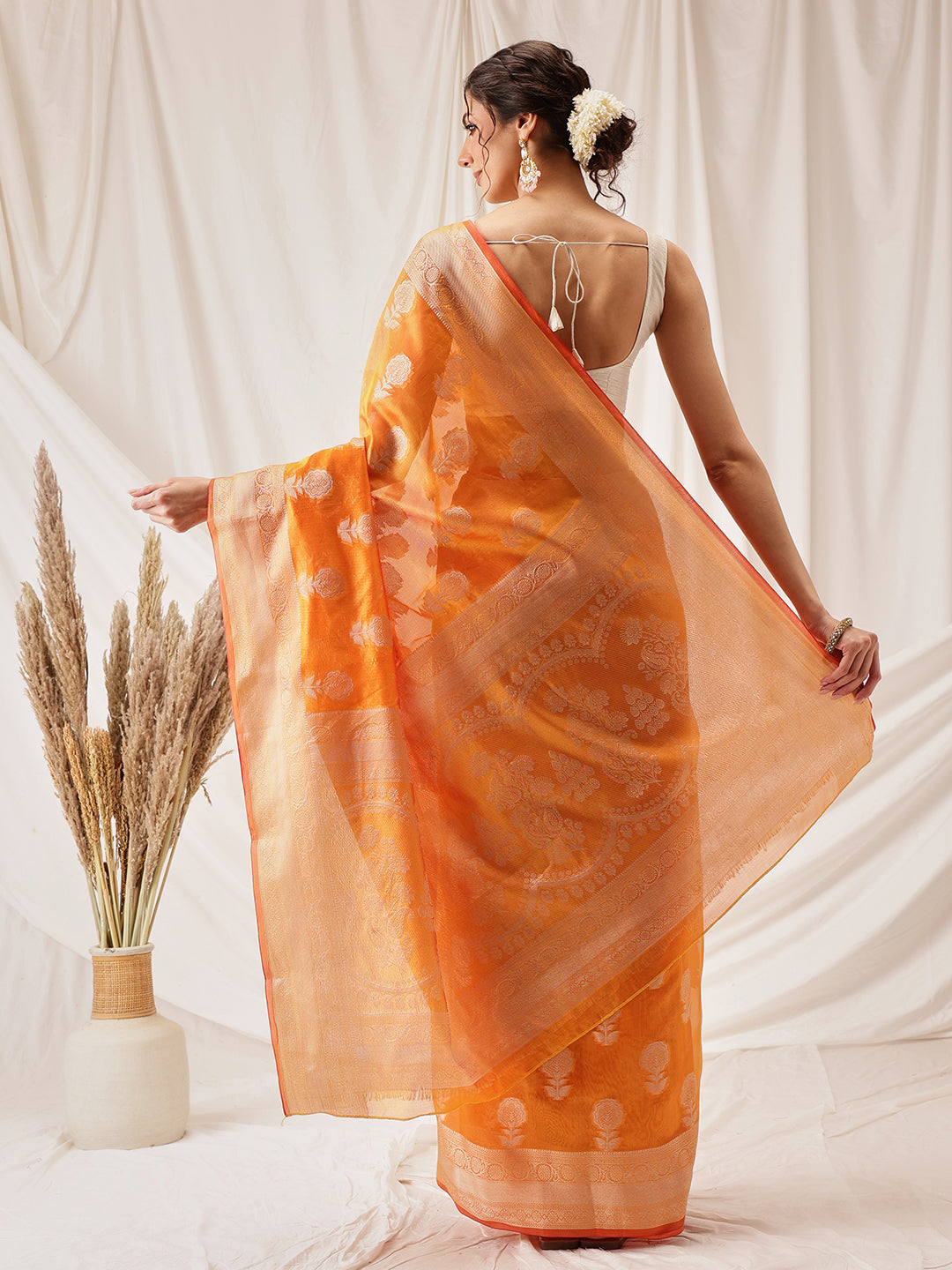 Yellow Banarasi Organza Silk Saree with Floral Weave