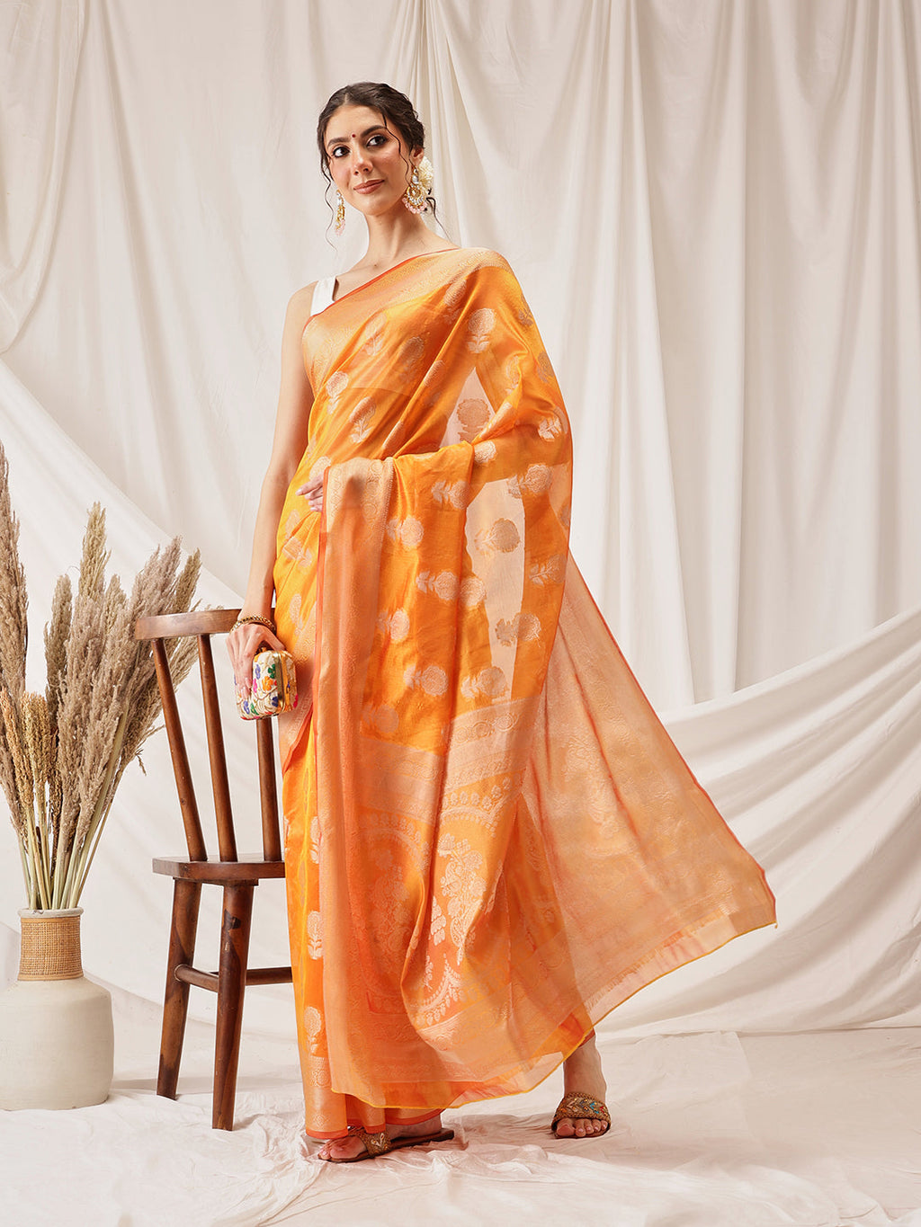 Yellow Banarasi Organza Silk Saree with Floral Weave