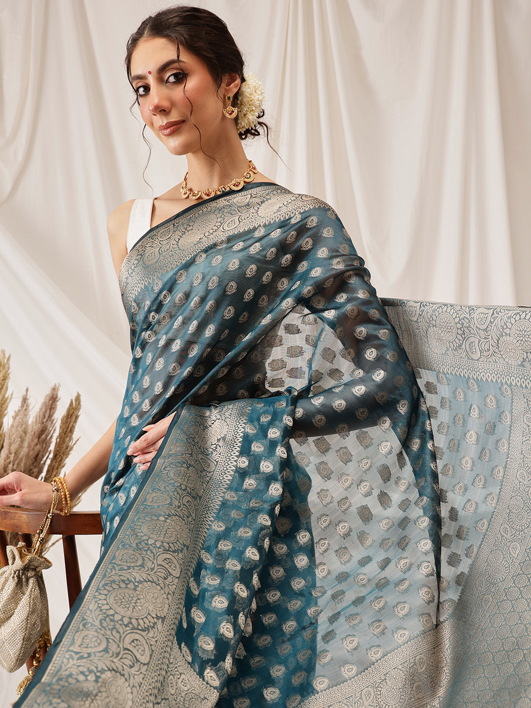 Teal Banarasi Organza Silk Saree with Floral Woven Design