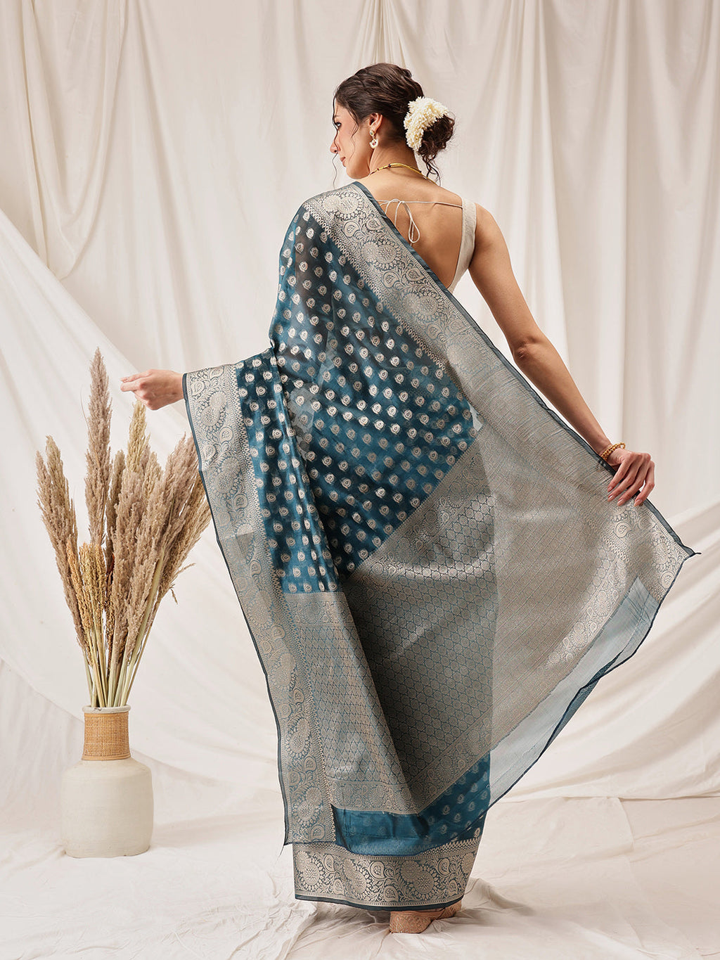 Teal Banarasi Organza Silk Saree with Floral Woven Design