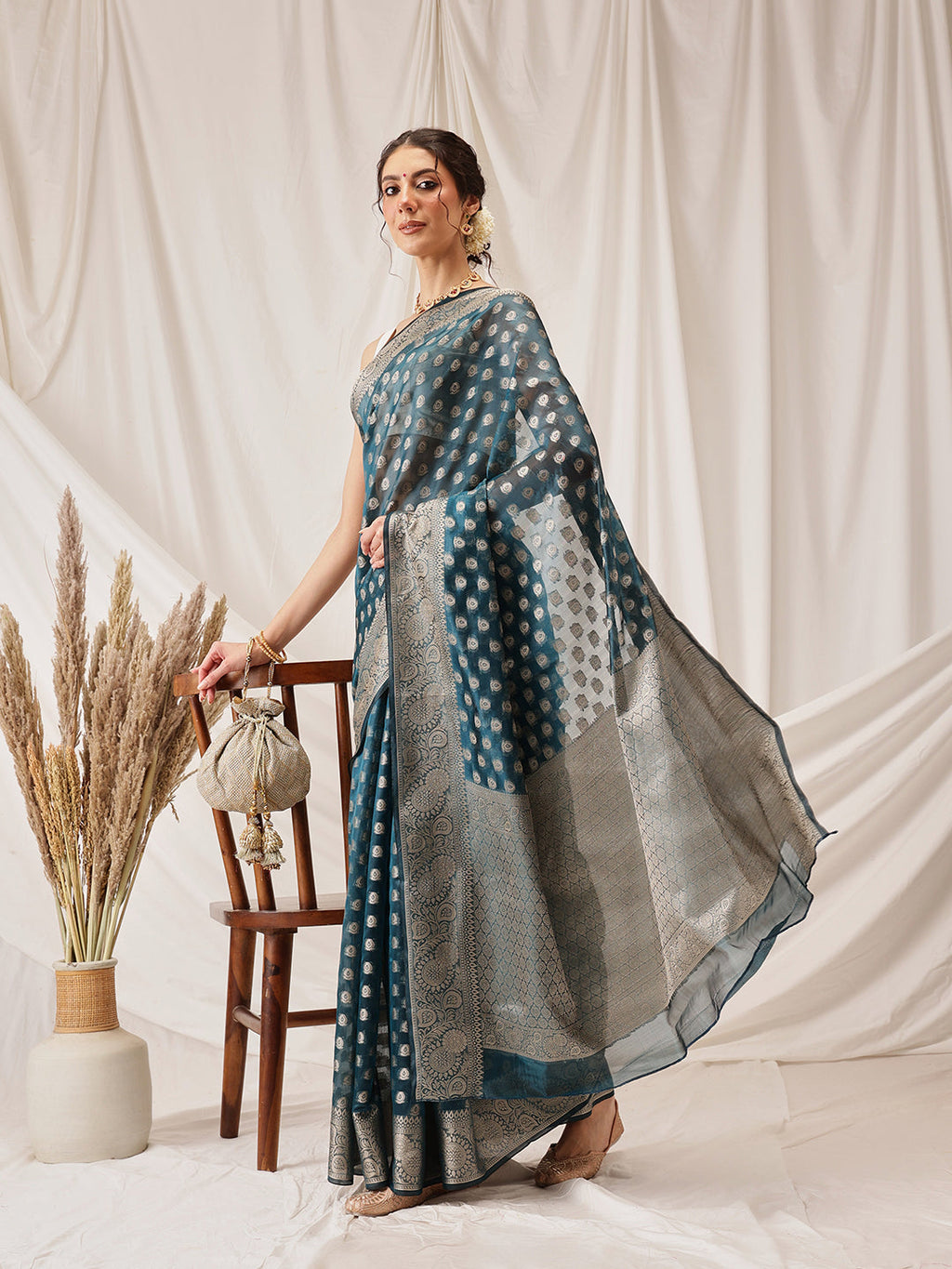 Teal Banarasi Organza Silk Saree with Floral Woven Design