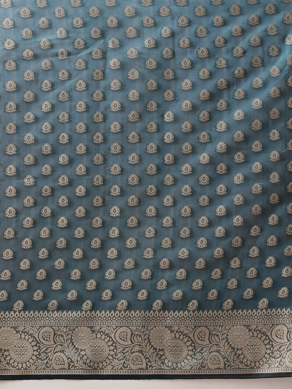 Teal Banarasi Organza Silk Saree with Floral Woven Design