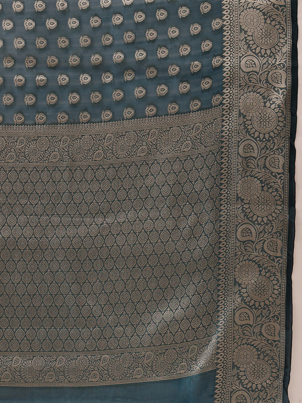 Teal Banarasi Organza Silk Saree with Floral Woven Design