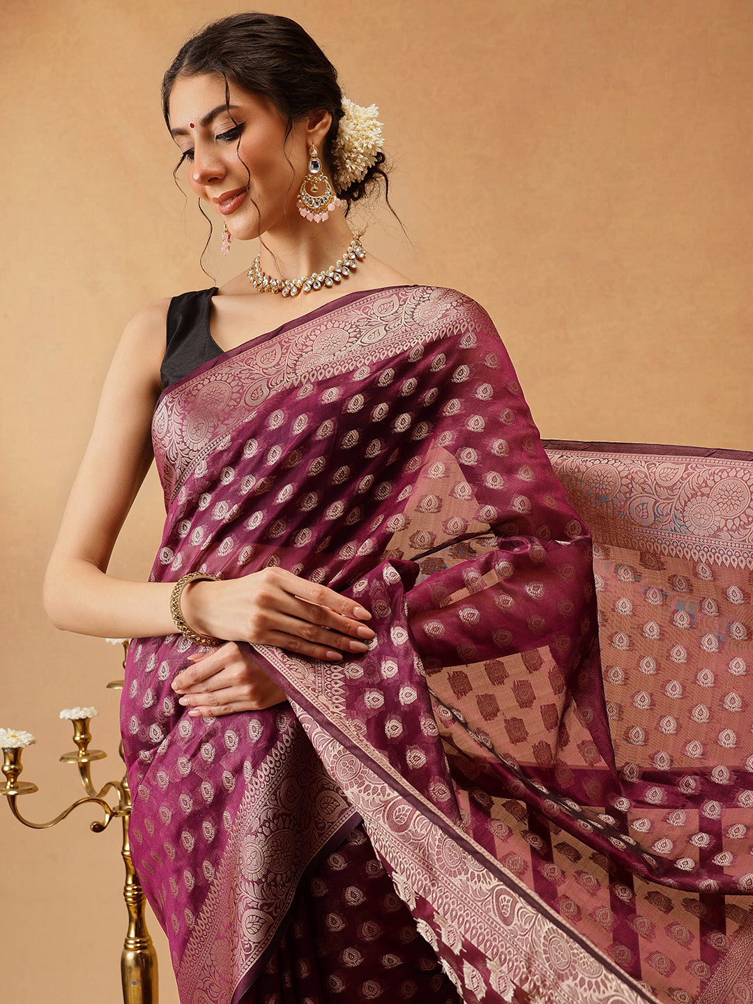 Purple Banarasi Organza Silk Saree with Floral Design