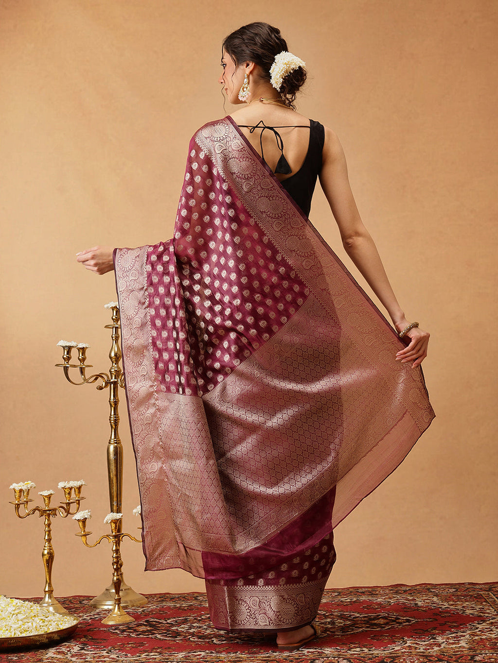 Purple Banarasi Organza Silk Saree with Floral Design