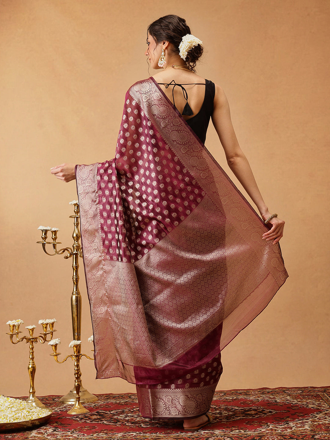 Purple Banarasi Organza Silk Saree with Floral Design