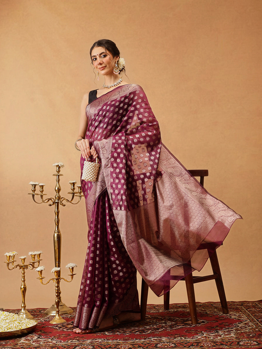 Purple Banarasi Organza Silk Saree with Floral Design
