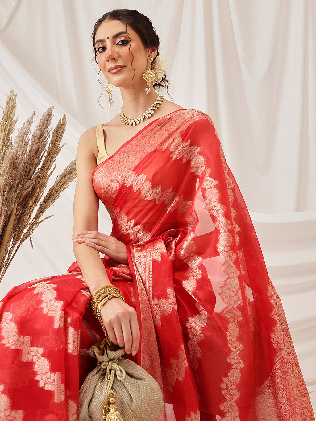 Red Banarasi Organza Silk Saree with Lahariya Woven Design
