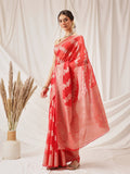 Red Banarasi Organza Silk saree with intricate Lahariya weaving