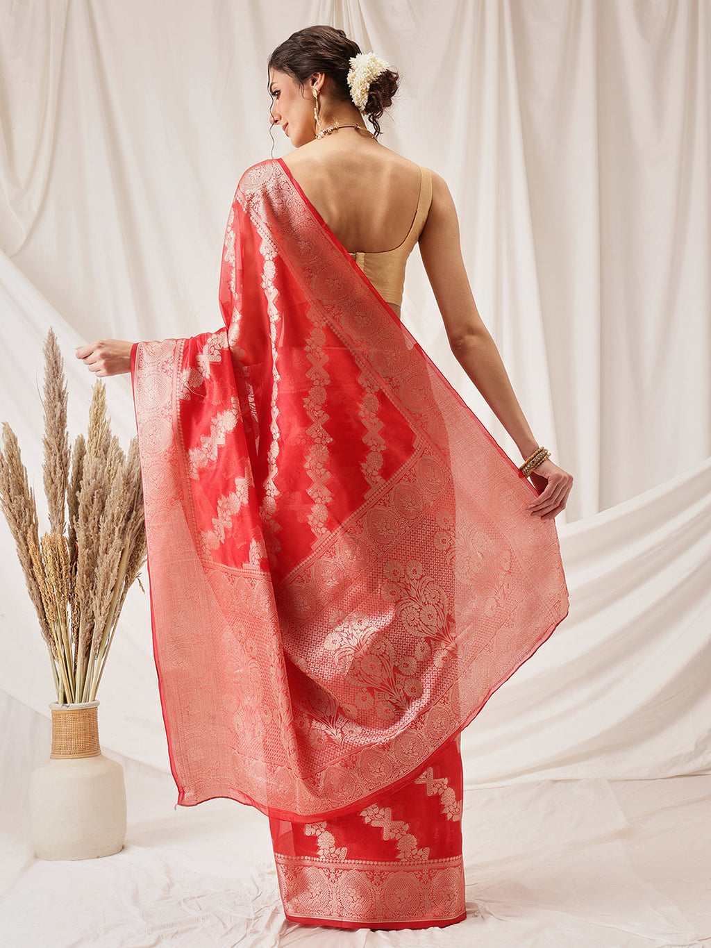 Red Banarasi Organza Silk Saree with Lahariya Woven Design