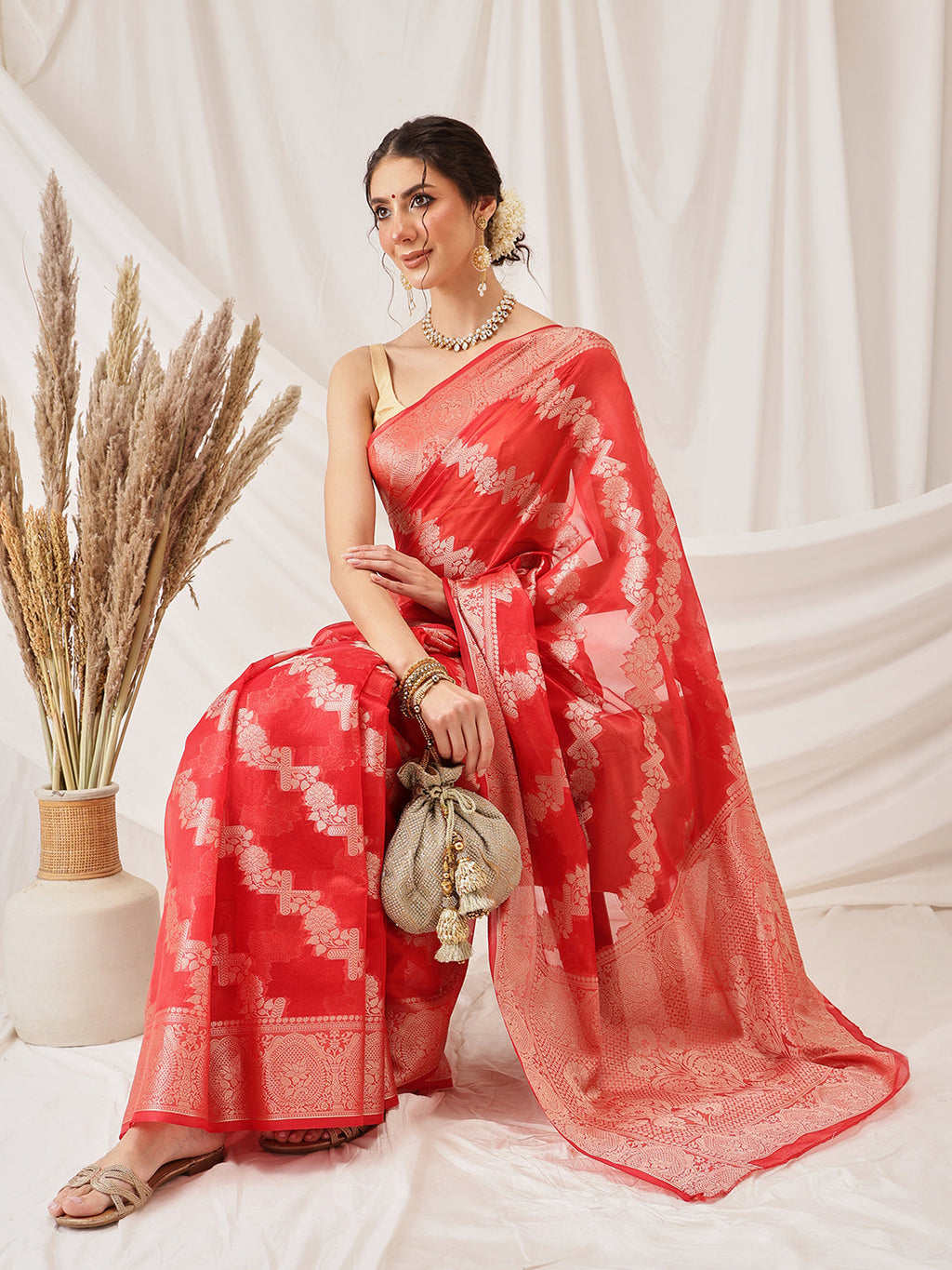 Red Banarasi Organza Silk Saree with Lahariya Woven Design