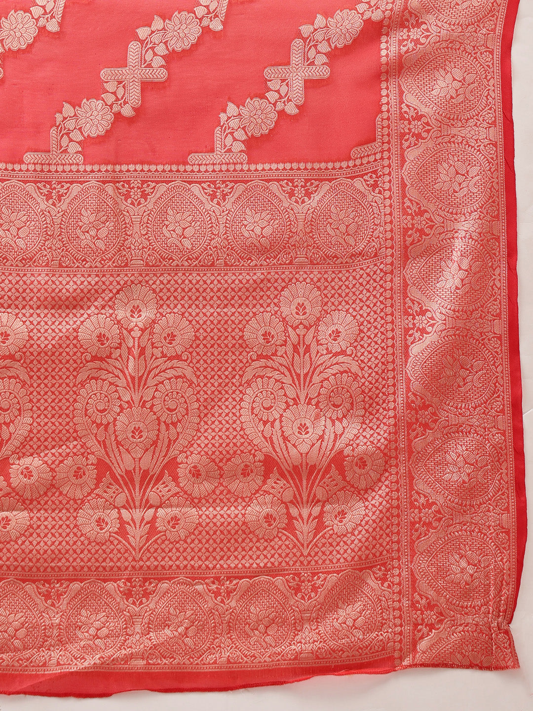 Red Banarasi Organza Silk Saree with Lahariya Woven Design