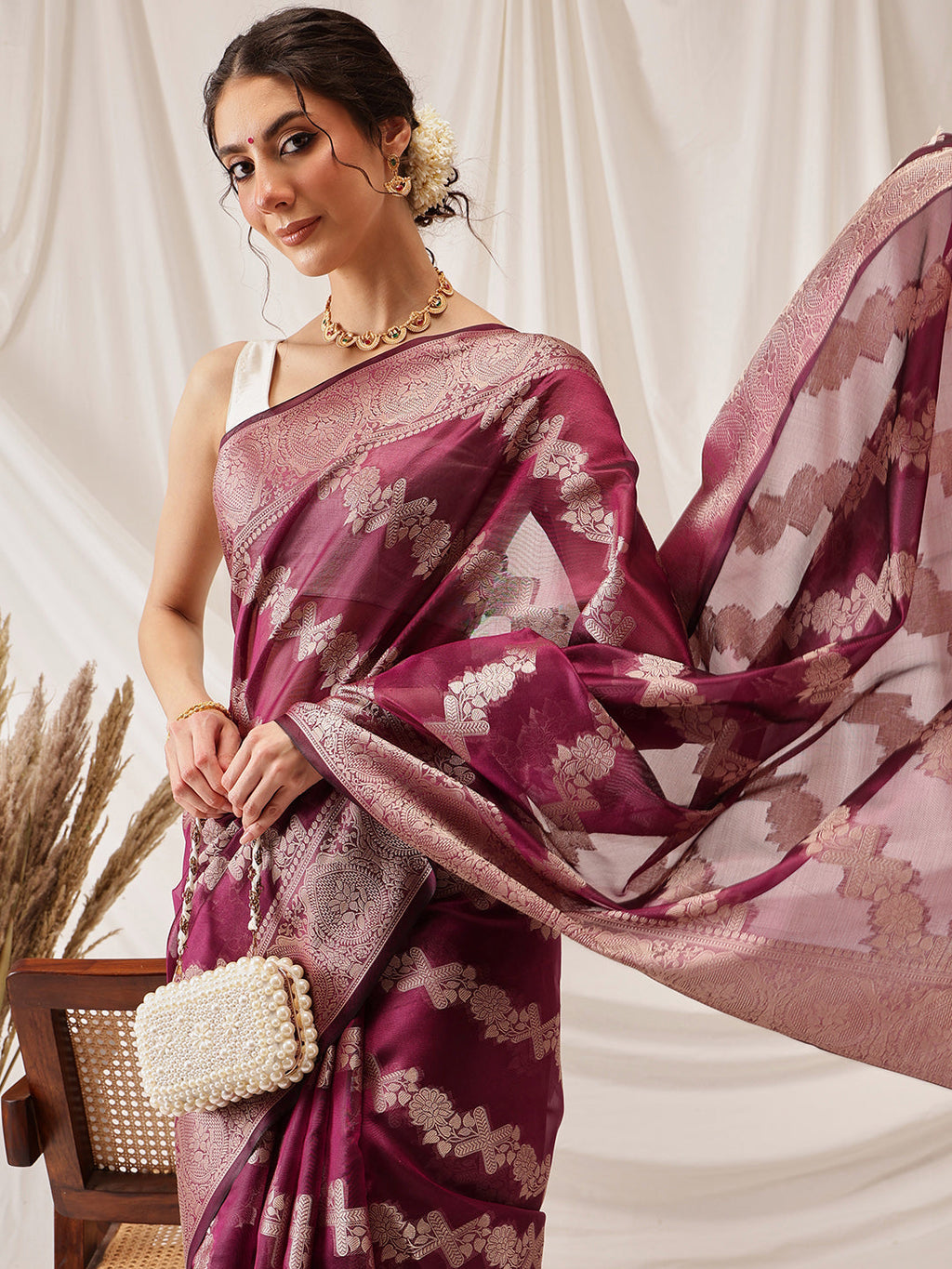 Purple Banarasi Organza Silk Saree with Traditional Lahariya Weave