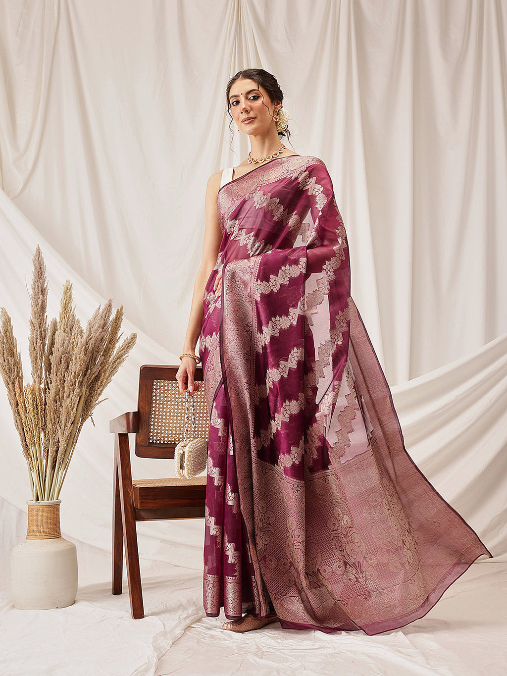 Purple Banarasi Organza Silk Saree with Traditional Lahariya Weave