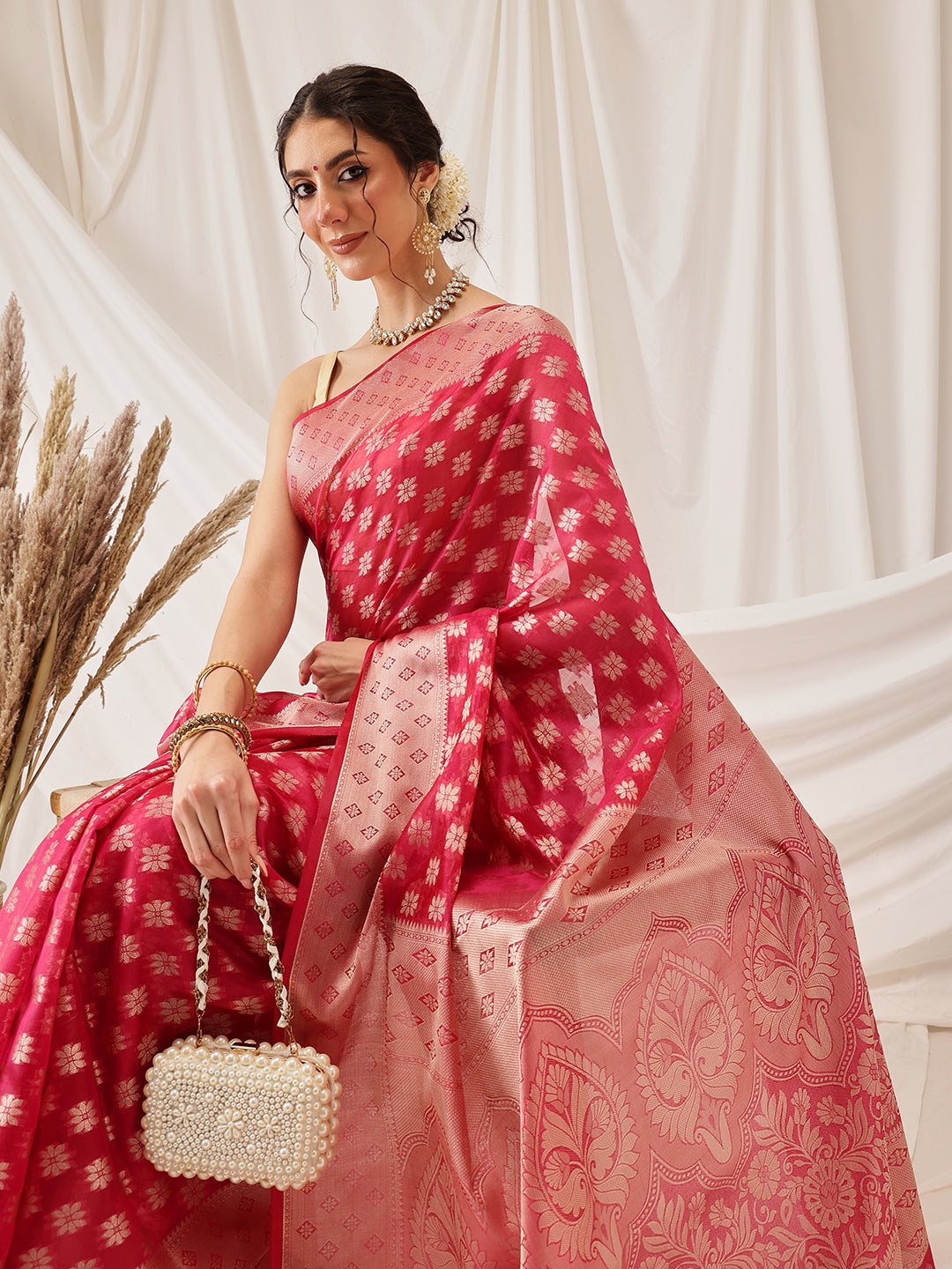 Pink Banarasi Organza Silk Saree with Floral Woven Design