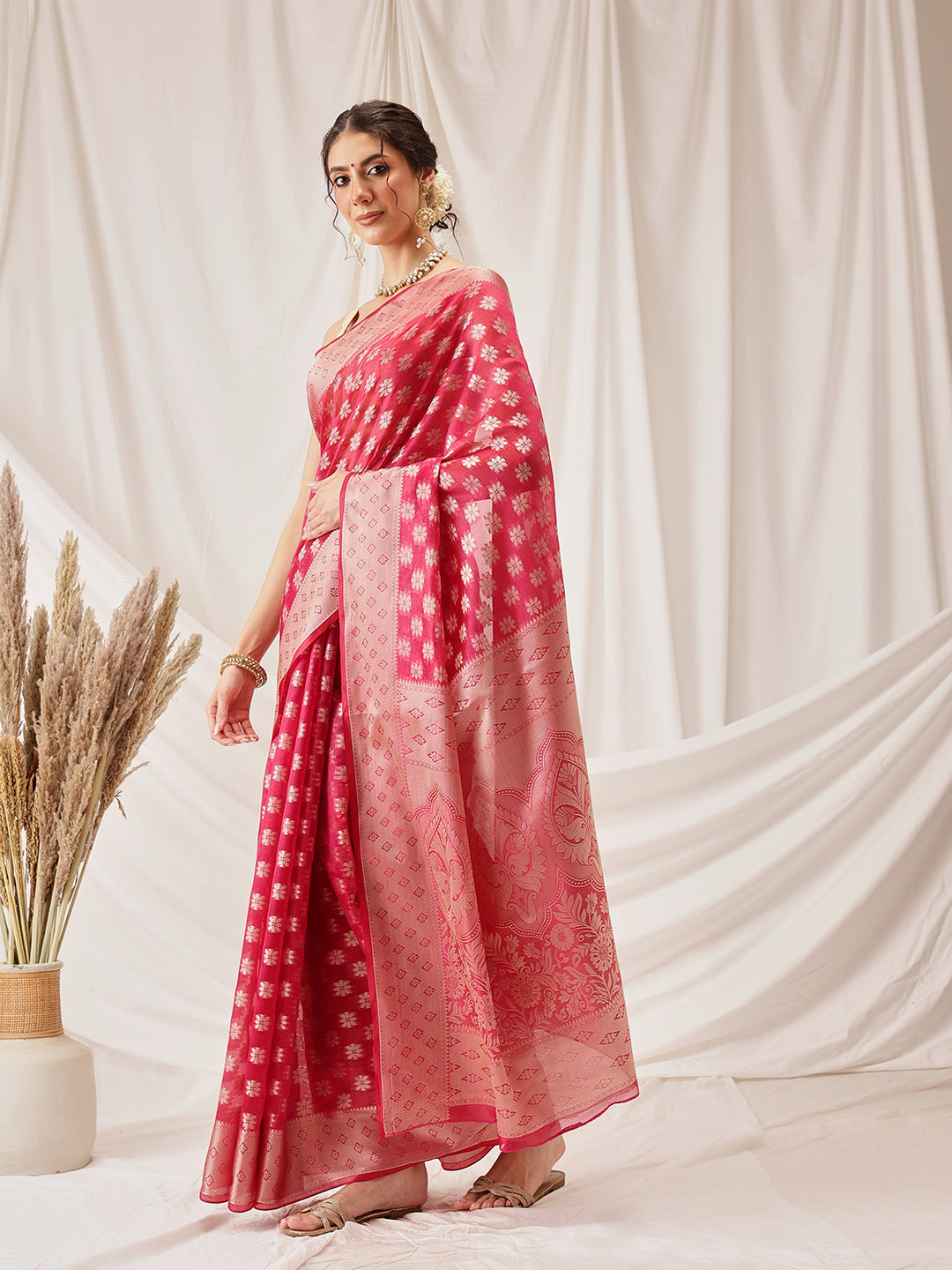 Pink Banarasi Organza Silk saree with floral woven motifs