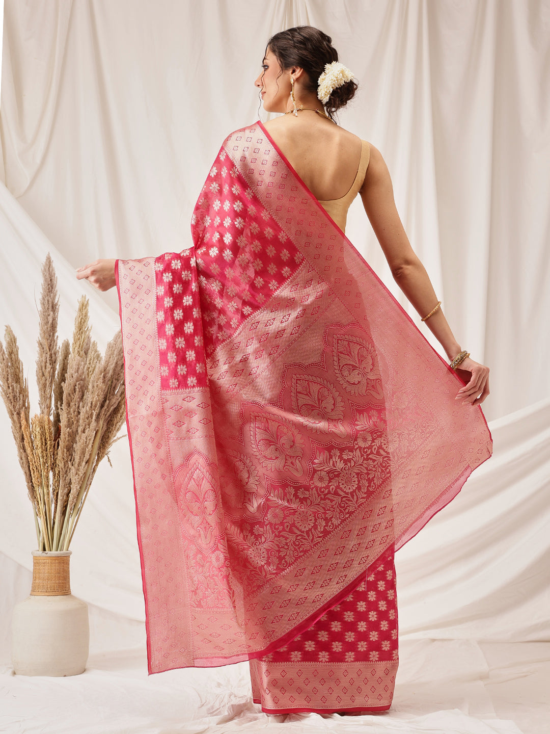 Pink Banarasi Organza Silk Saree with Floral Woven Design