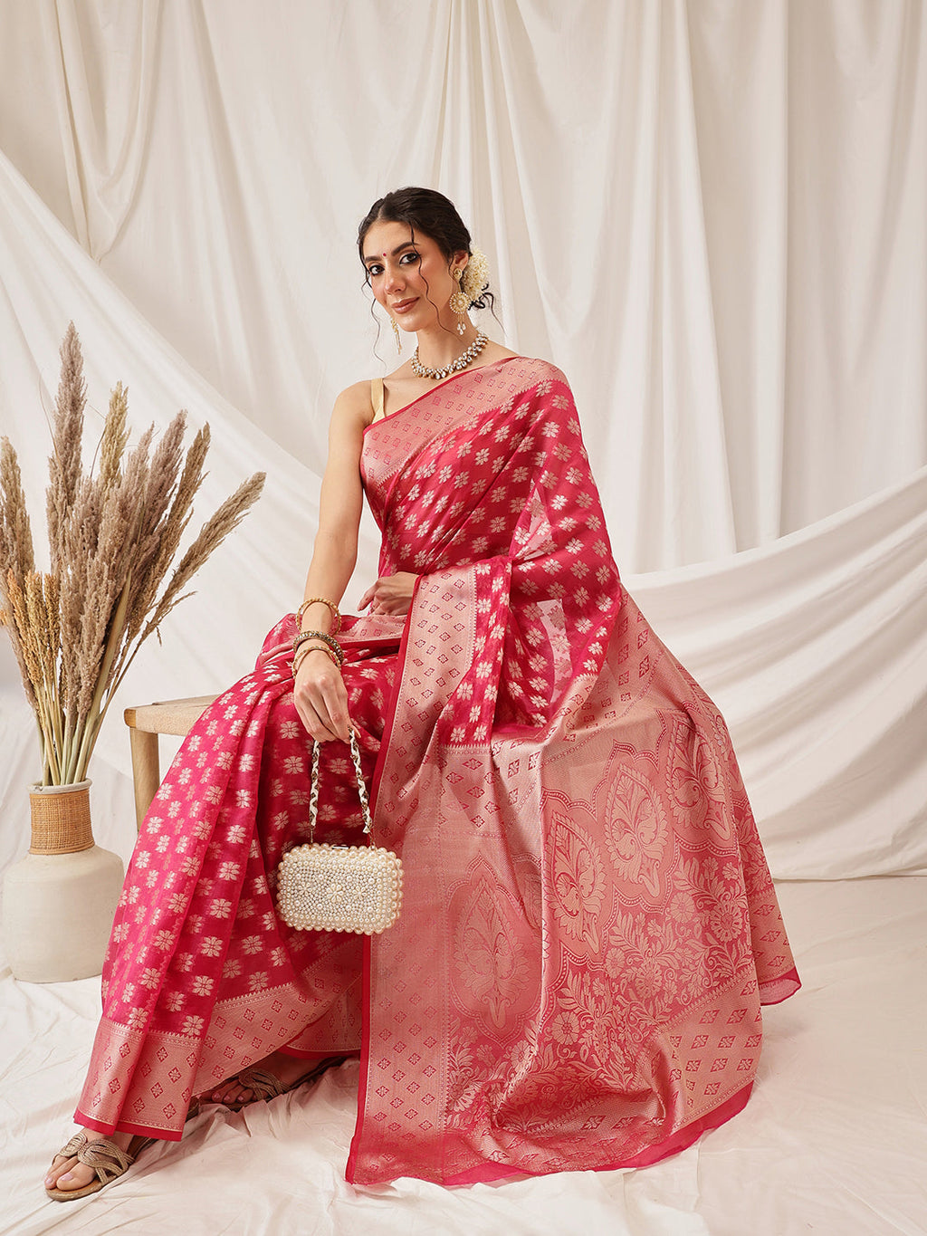Pink Banarasi Organza Silk Saree with Floral Woven Design