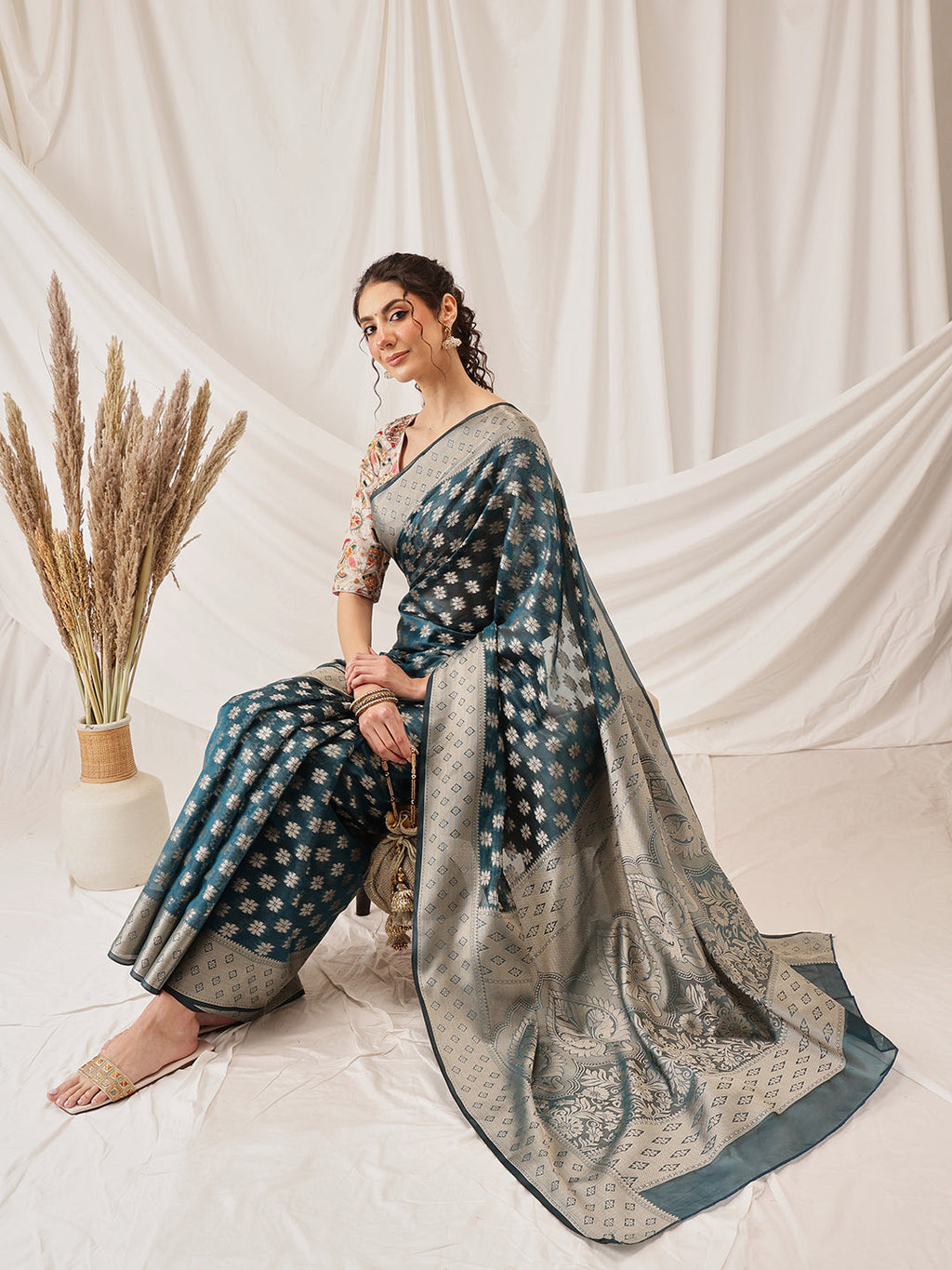 Teal Banarasi Organza Silk Floral Woven Design Saree