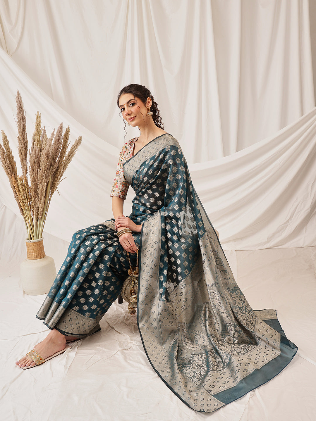 Teal Banarasi Organza Silk Floral Woven Design Saree