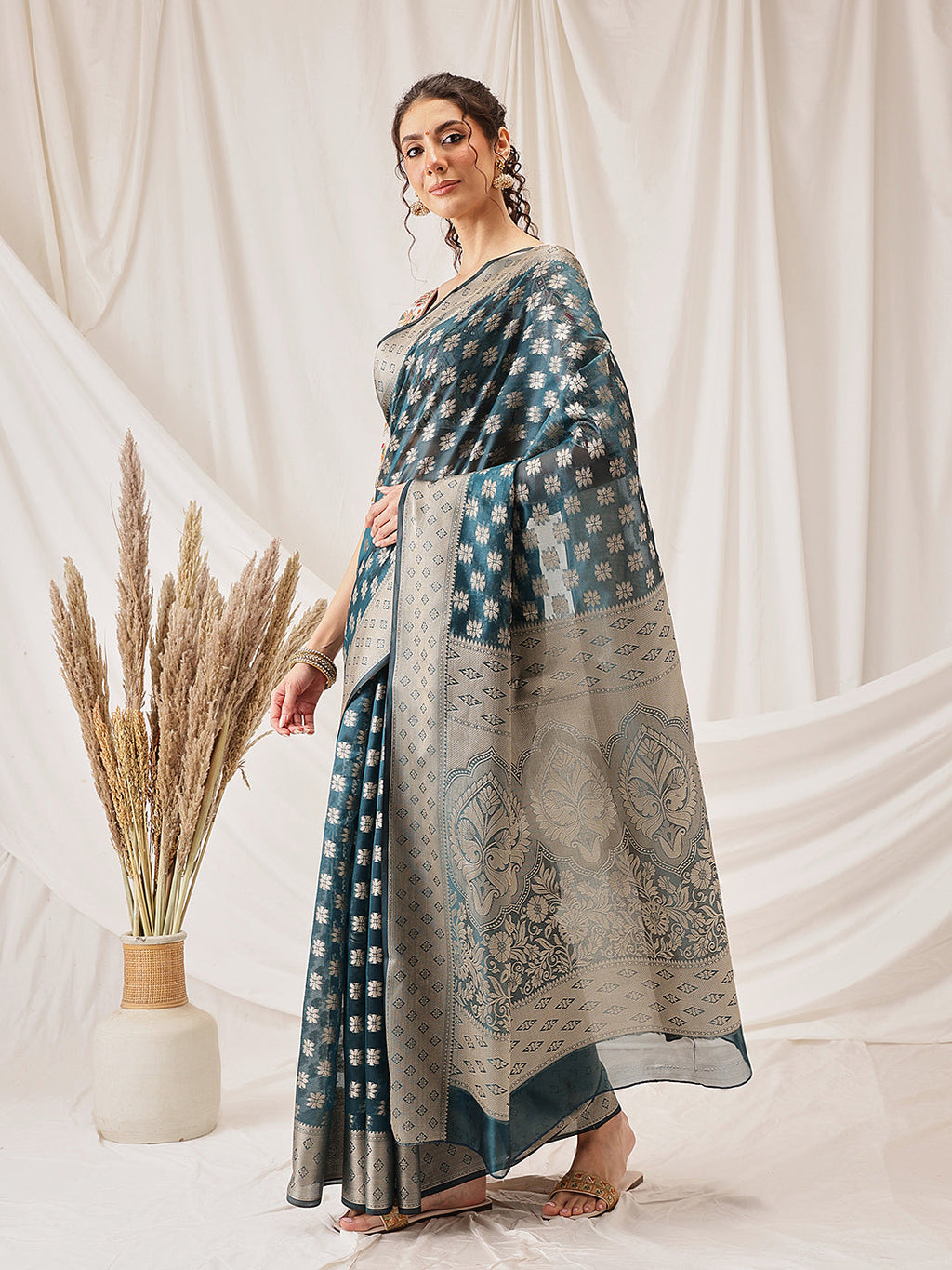 Teal Banarasi Organza Silk Saree with floral woven design