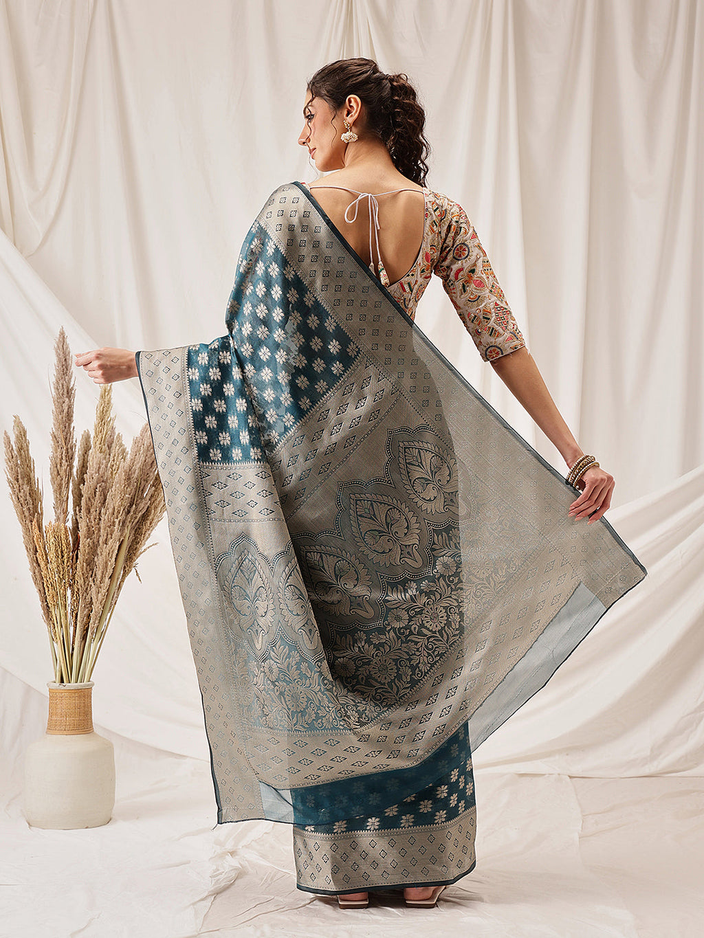 Teal Banarasi Organza Silk Floral Woven Design Saree