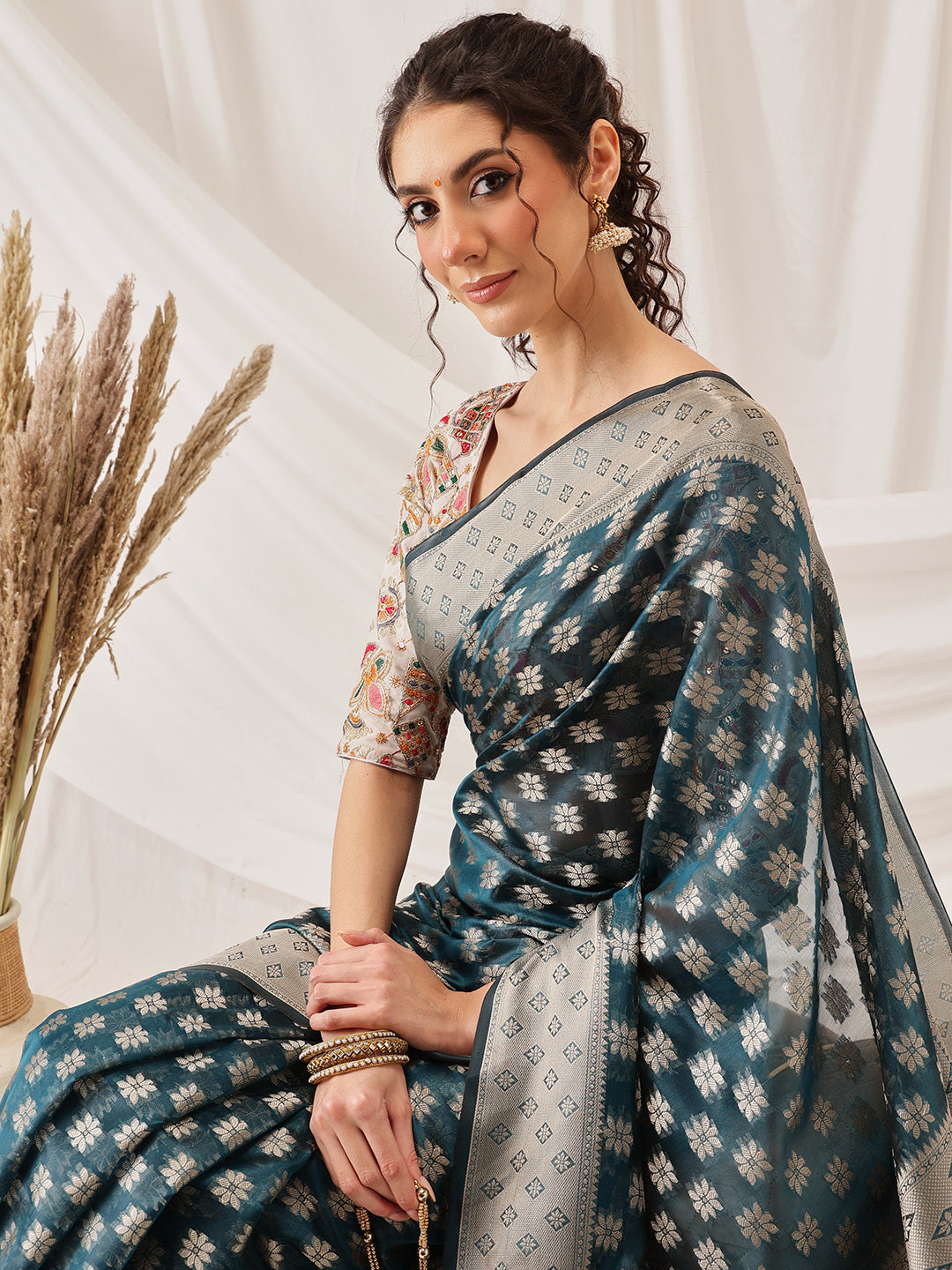 Teal Banarasi Organza Silk Floral Woven Design Saree