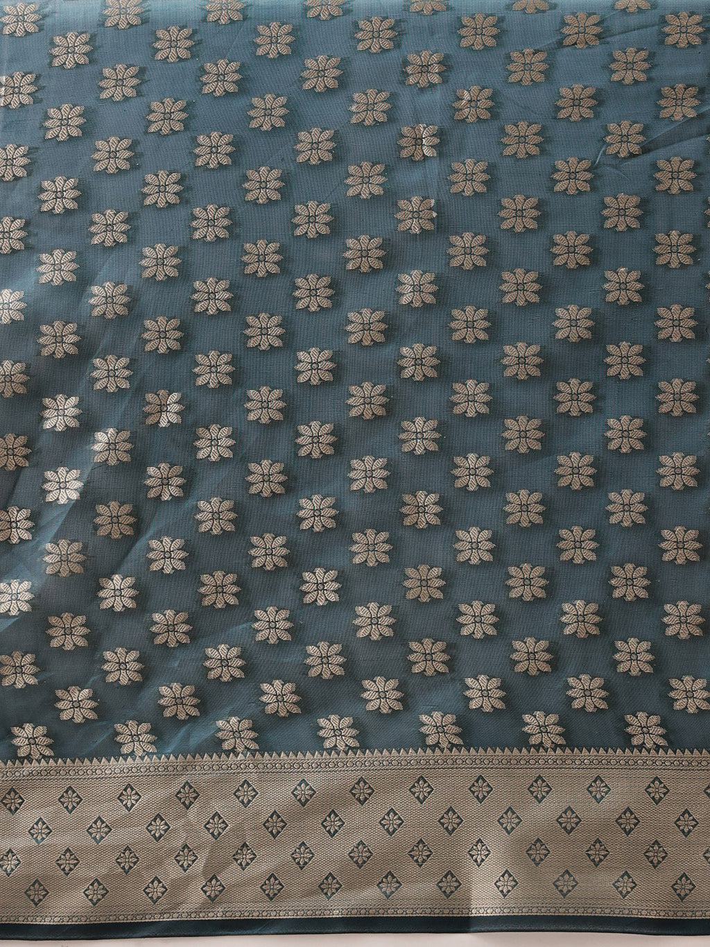 Teal Banarasi Organza Silk Floral Woven Design Saree