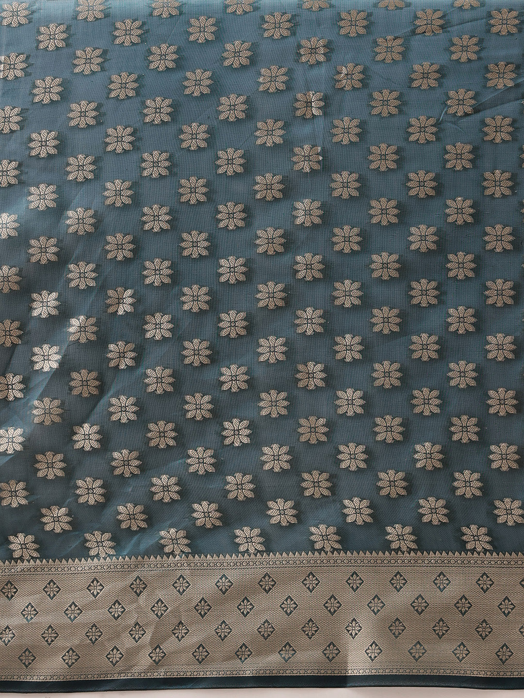Teal Banarasi Organza Silk Floral Woven Design Saree