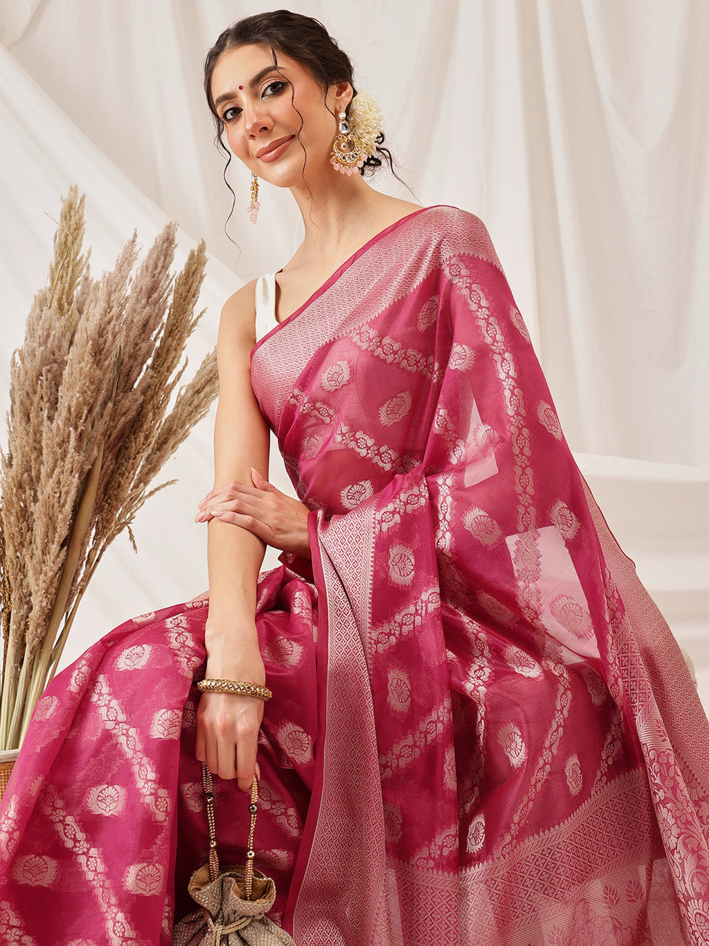 Pink Banarasi Organza Silk Saree with Lahariya Woven Design
