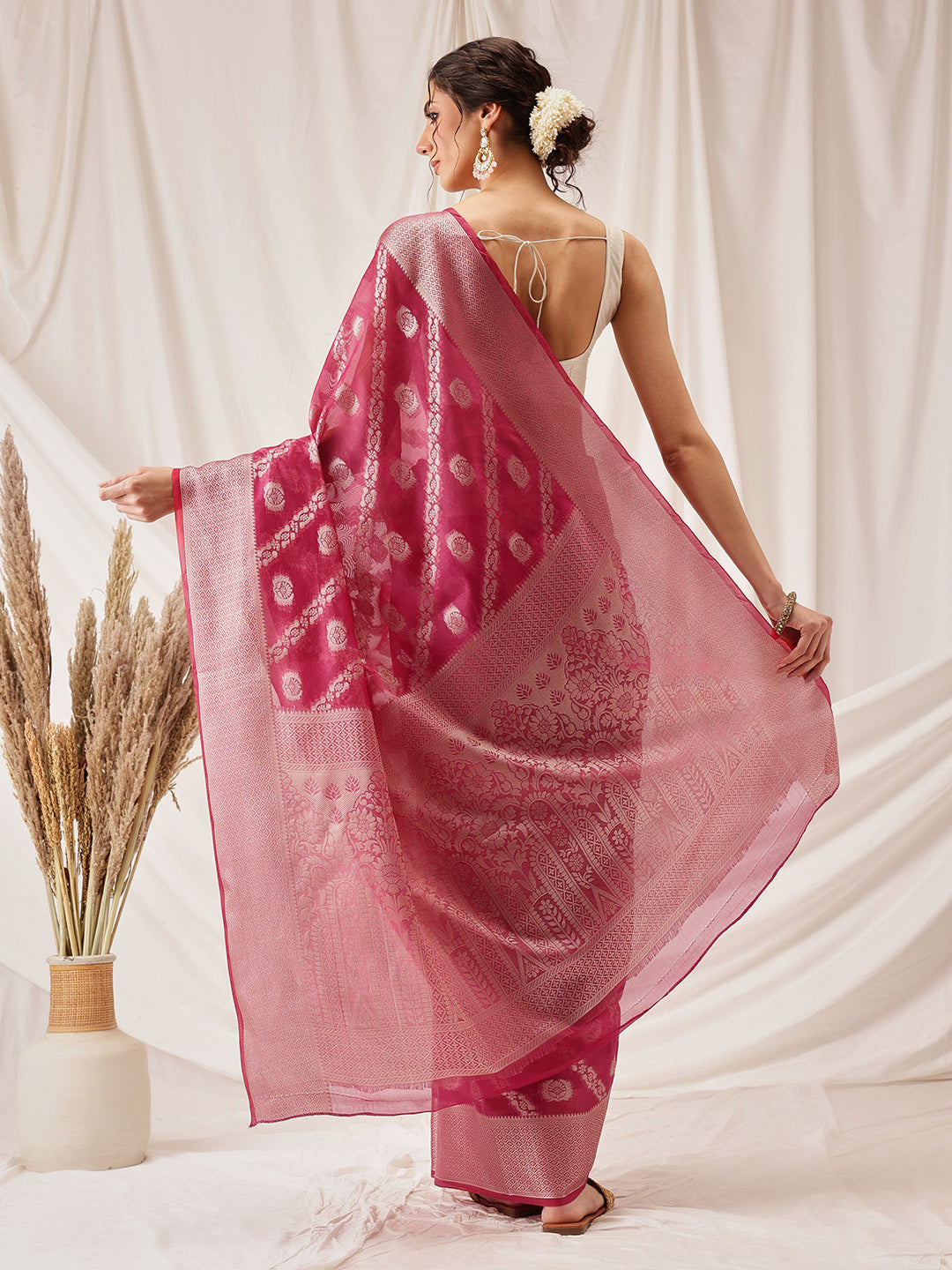 Pink Banarasi Organza Silk Saree with Lahariya Woven Design