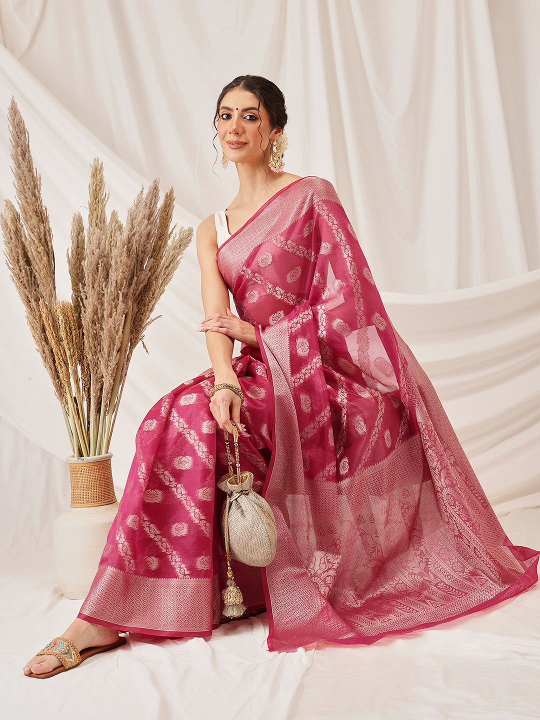 Pink Banarasi Organza Silk Saree with Lahariya Woven Design