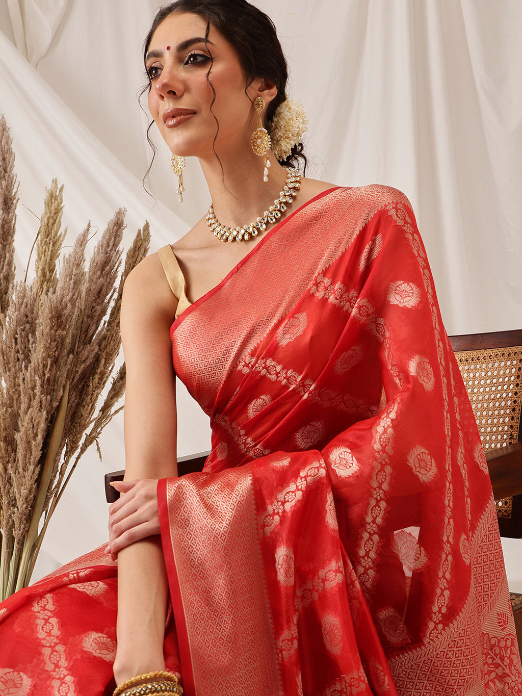 Red Banarasi Organza Silk Saree with Lahariya Woven Design