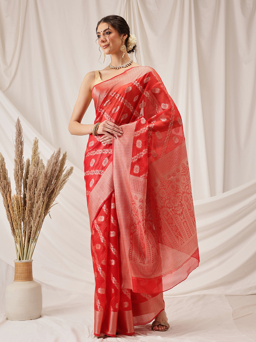 Classic Red Banarasi Organza Silk saree with Lahariya woven details