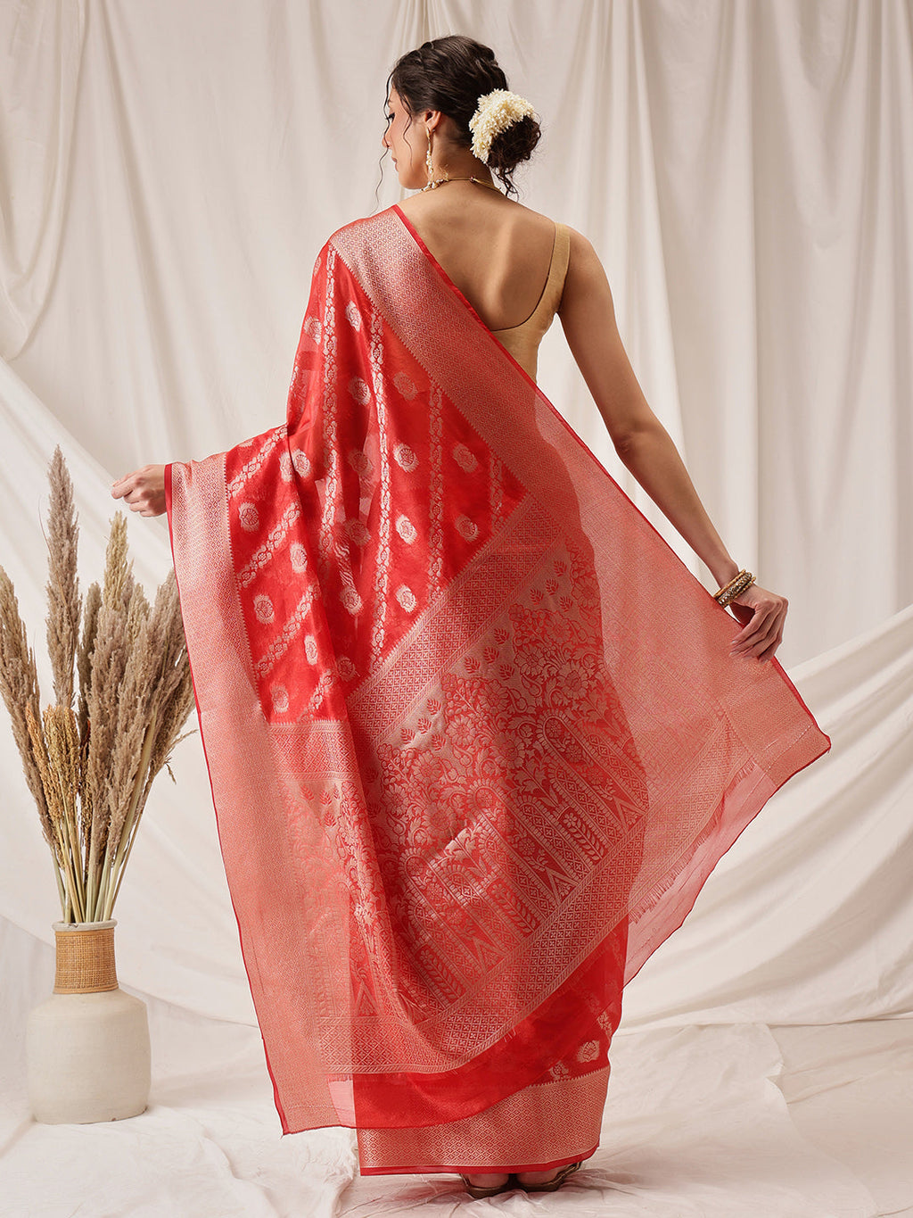 Red Banarasi Organza Silk Saree with Lahariya Woven Design
