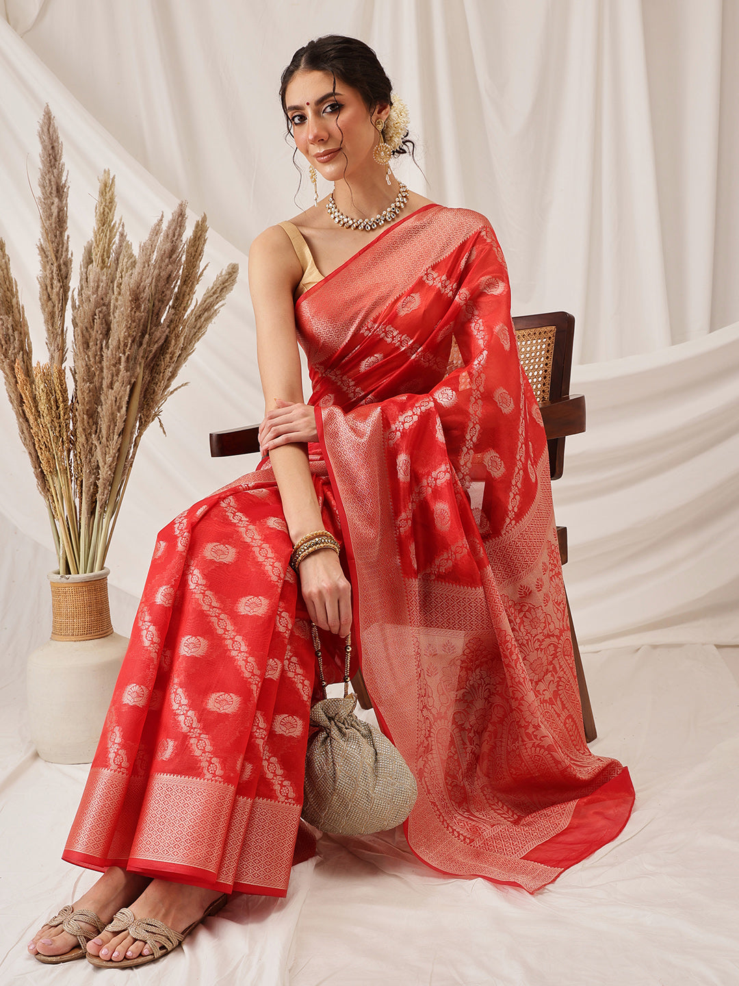 Red Banarasi Organza Silk Saree with Lahariya Woven Design