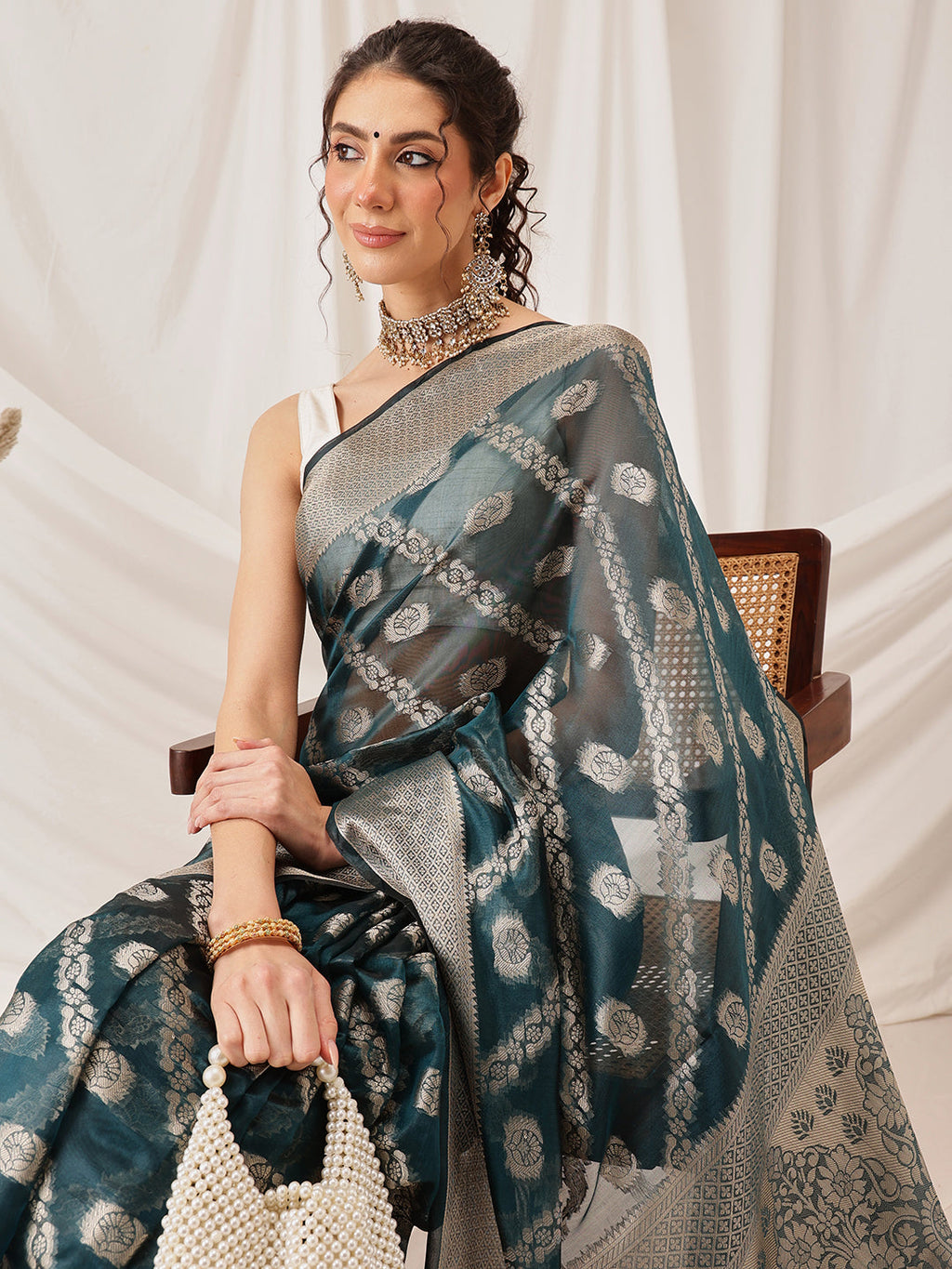 Teal Banarasi Organza Silk Saree with Lahariya Woven Design