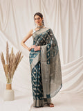 Teal Banarasi Organza Silk saree with intricate Lahariya weave pattern