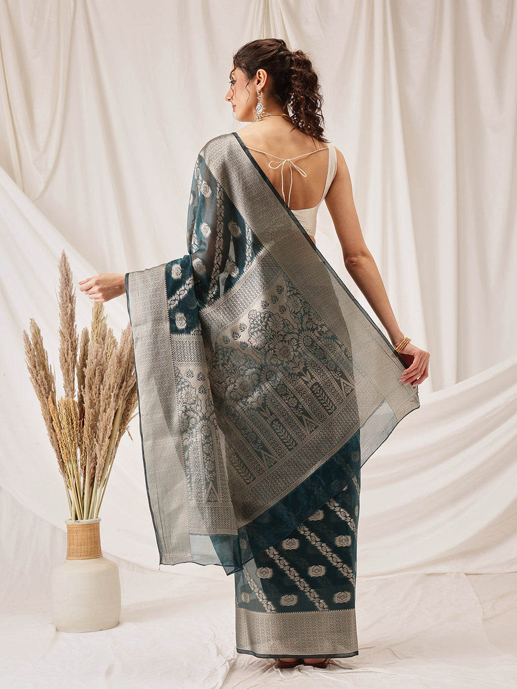 Teal Banarasi Organza Silk Saree with Lahariya Woven Design