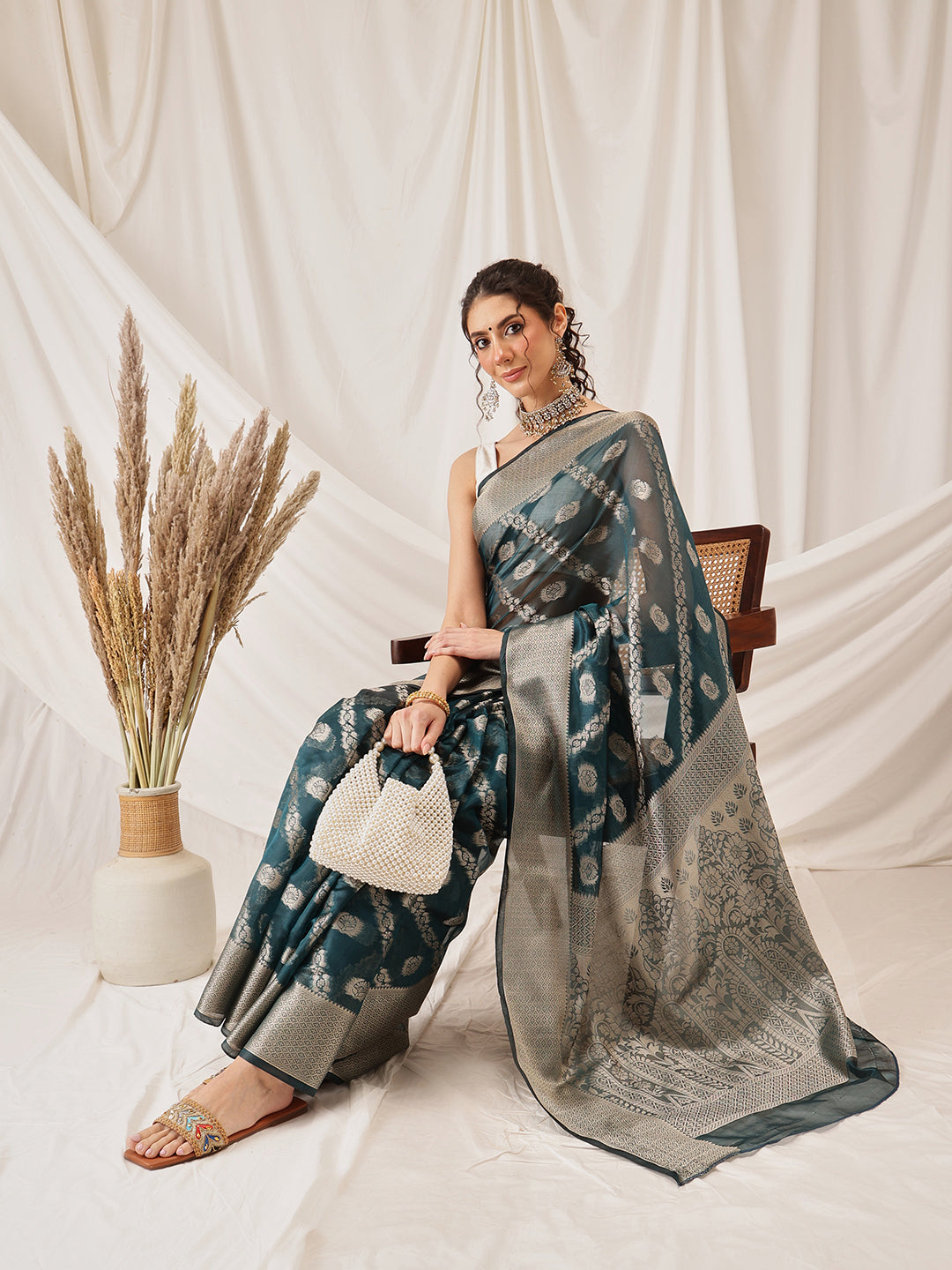 Teal Banarasi Organza Silk Saree with Lahariya Woven Design
