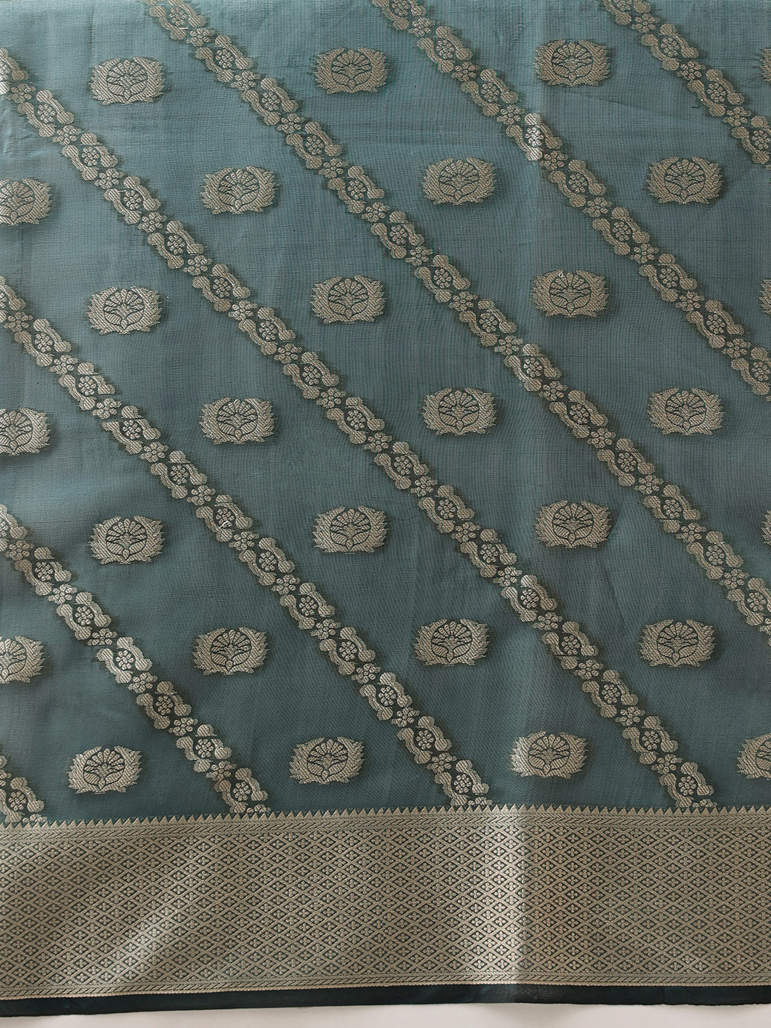 Teal Banarasi Organza Silk Saree with Lahariya Woven Design