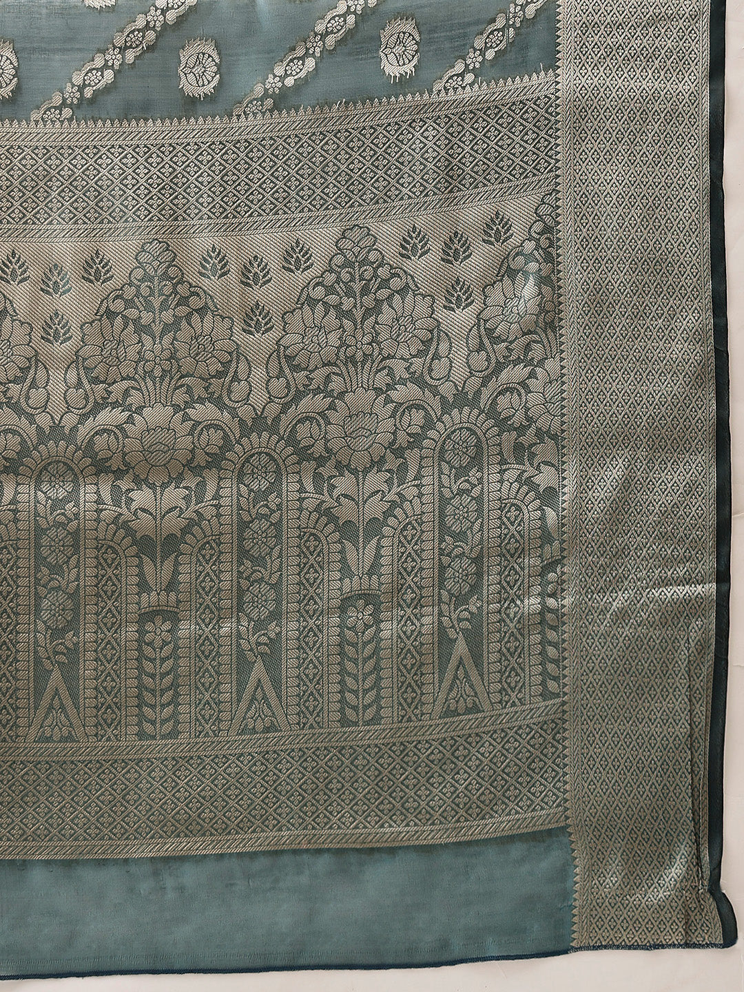 Teal Banarasi Organza Silk Saree with Lahariya Woven Design
